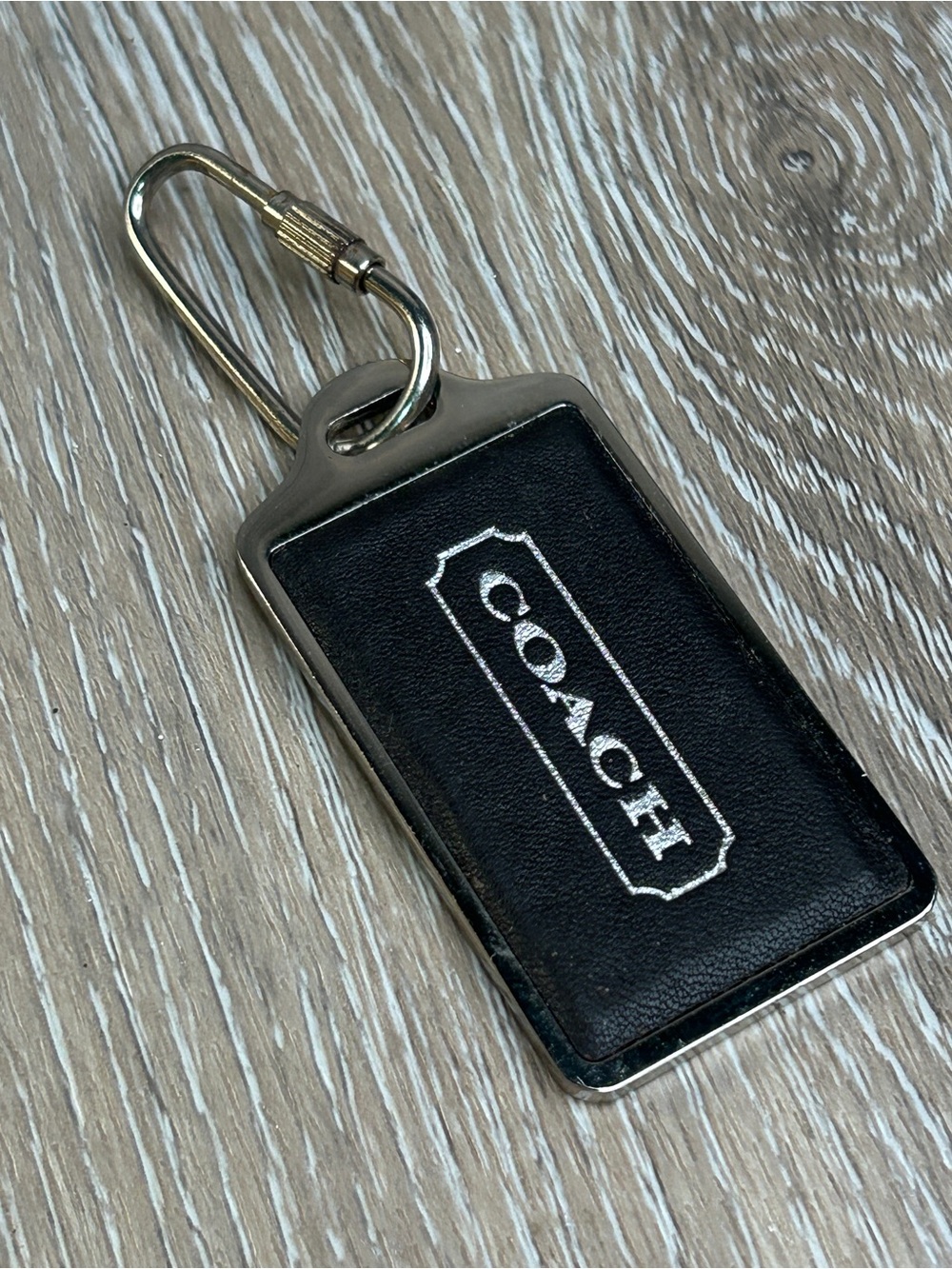 Coach Silver Black Leather Carabiner Key Fob Charm Tag